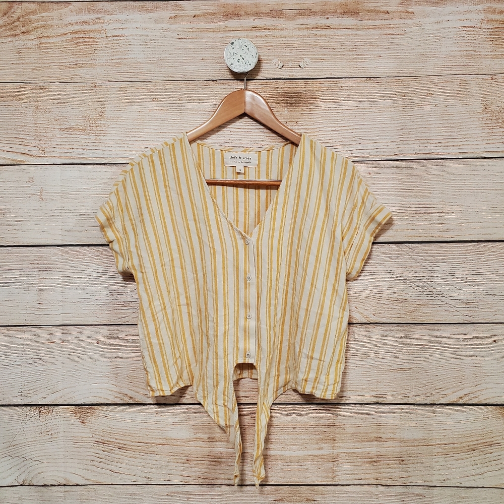 Madewell Yellow Stripe Tie-Front Button Crop Top